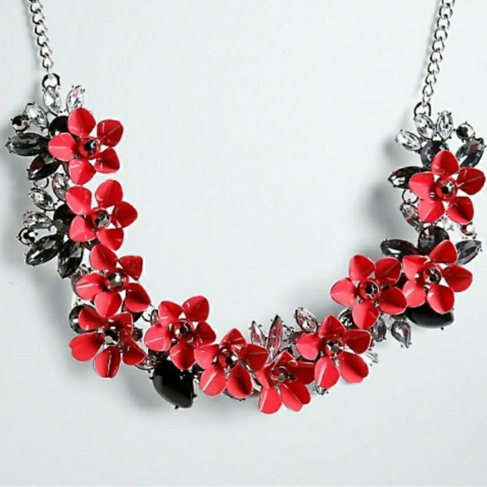 Torrid Red Floral Statement Bib Necklace Silver Tone